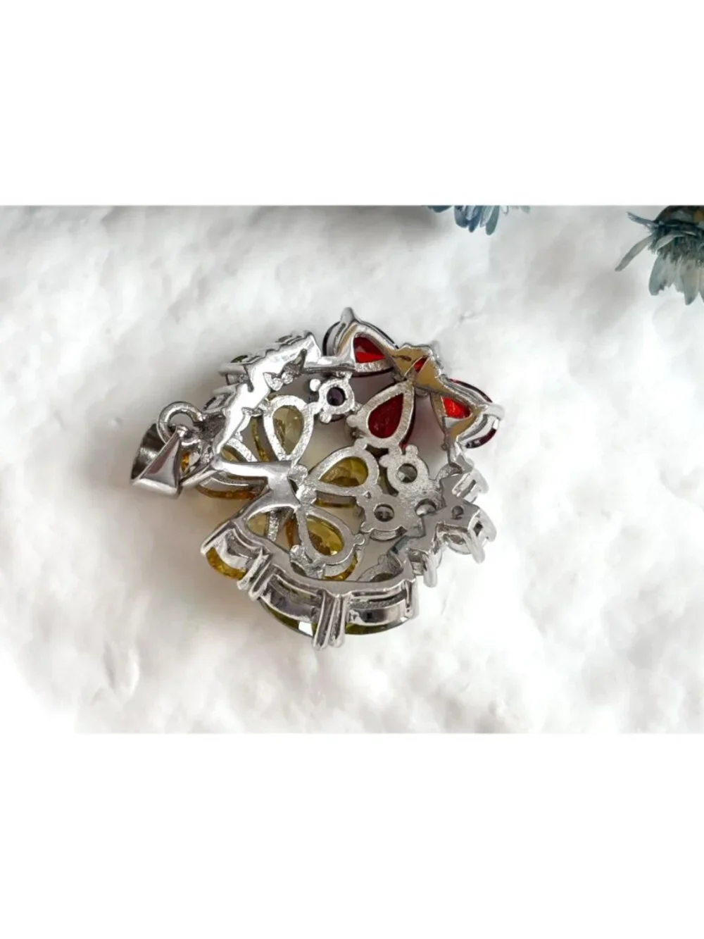 Floral Rainbow Peridot, Citrine, Garnet & CZ Gemstone Vintage Pendant | Charm